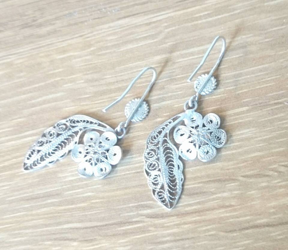 1950s Silver Tone Vintage Earrings, Leaf and Flower Design