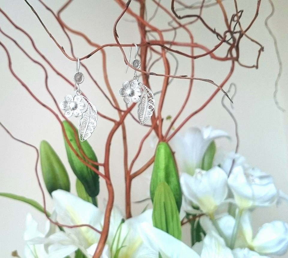 1950s Silver Tone Vintage Earrings, Leaf and Flower Design