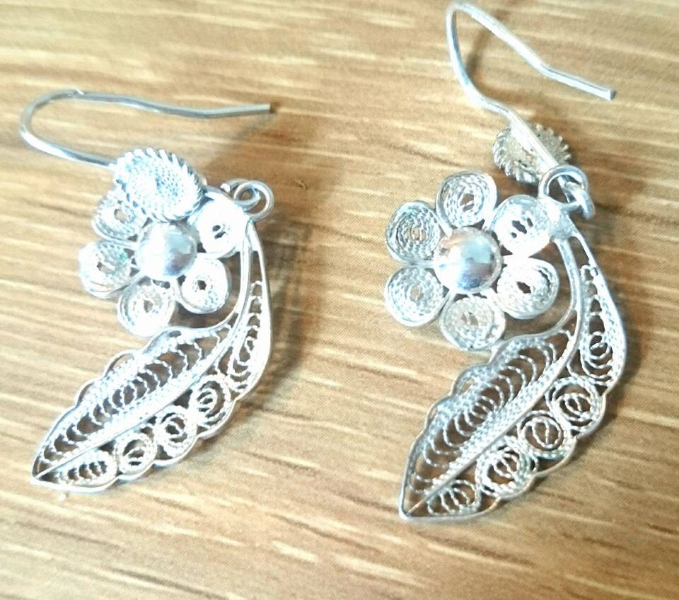 1950s Silver Tone Vintage Earrings, Leaf and Flower Design