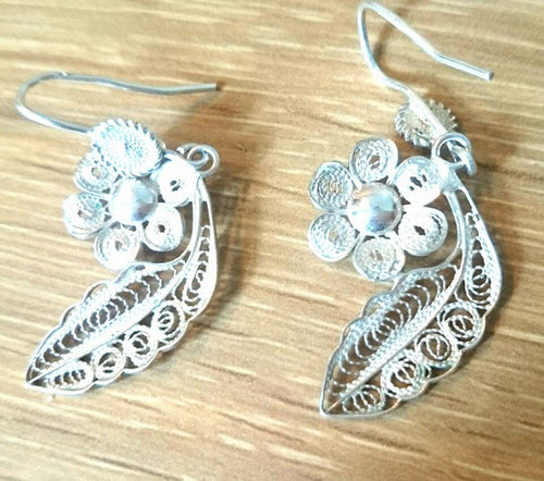 1950s Silver Tone Vintage Earrings, Leaf and Flower Design