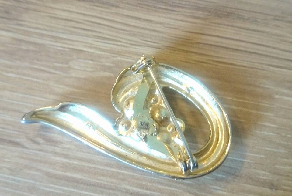 Vintage Gold Tone Brooch, Pearl Rhinestone, 1950s