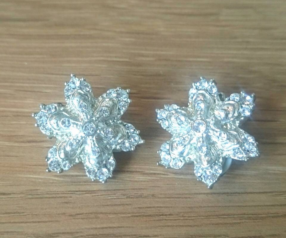 Vintage Rhinestone Earrings, Silver Tone Petal Clip Ons