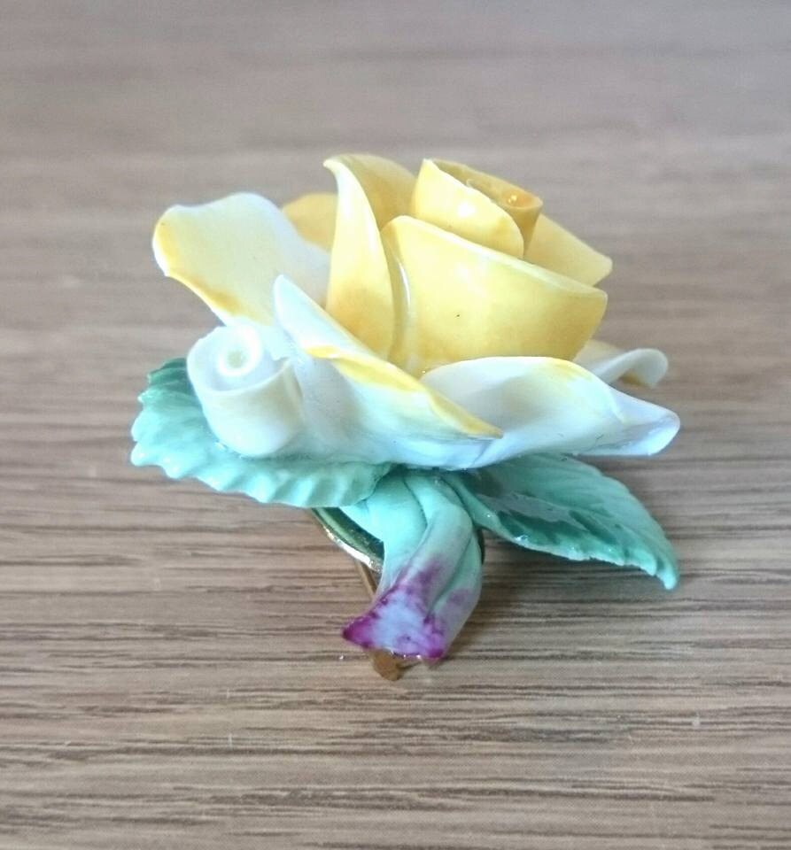 Vintage Yellow Rose Brooch, Hand Painted Fine Bone China, England