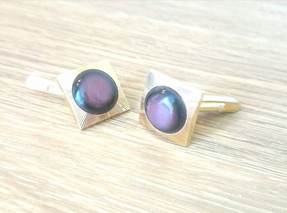 Vintage Gold Tone Cufflinks with Amber Enamel, 1970s - Boxed