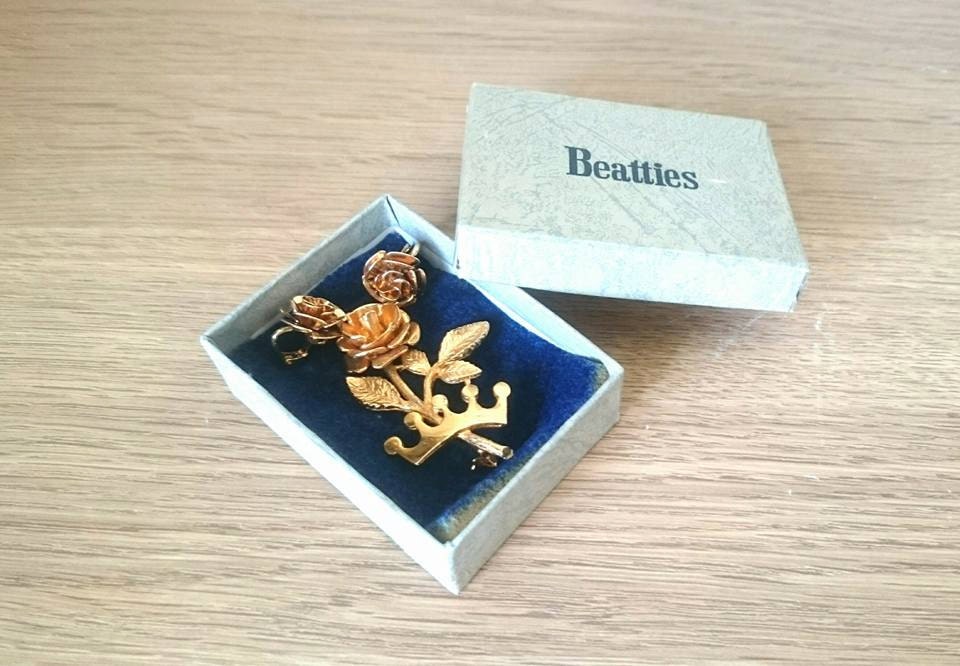 Vintage Gold Tone Rose Brooch and Clip-on Earring Set, Beatties Boxed Jewellery
