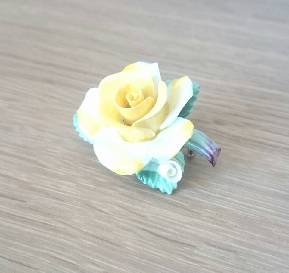 Vintage Yellow Rose Brooch, Hand Painted Fine Bone China, England