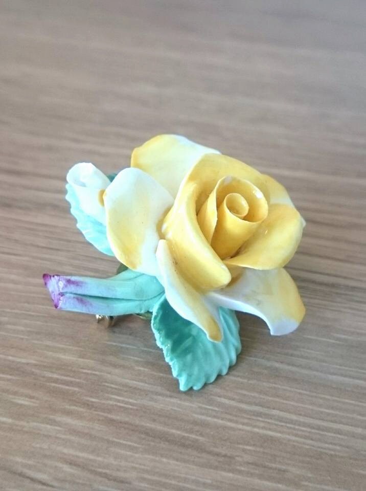 Vintage Yellow Rose Brooch, Hand Painted Fine Bone China, England