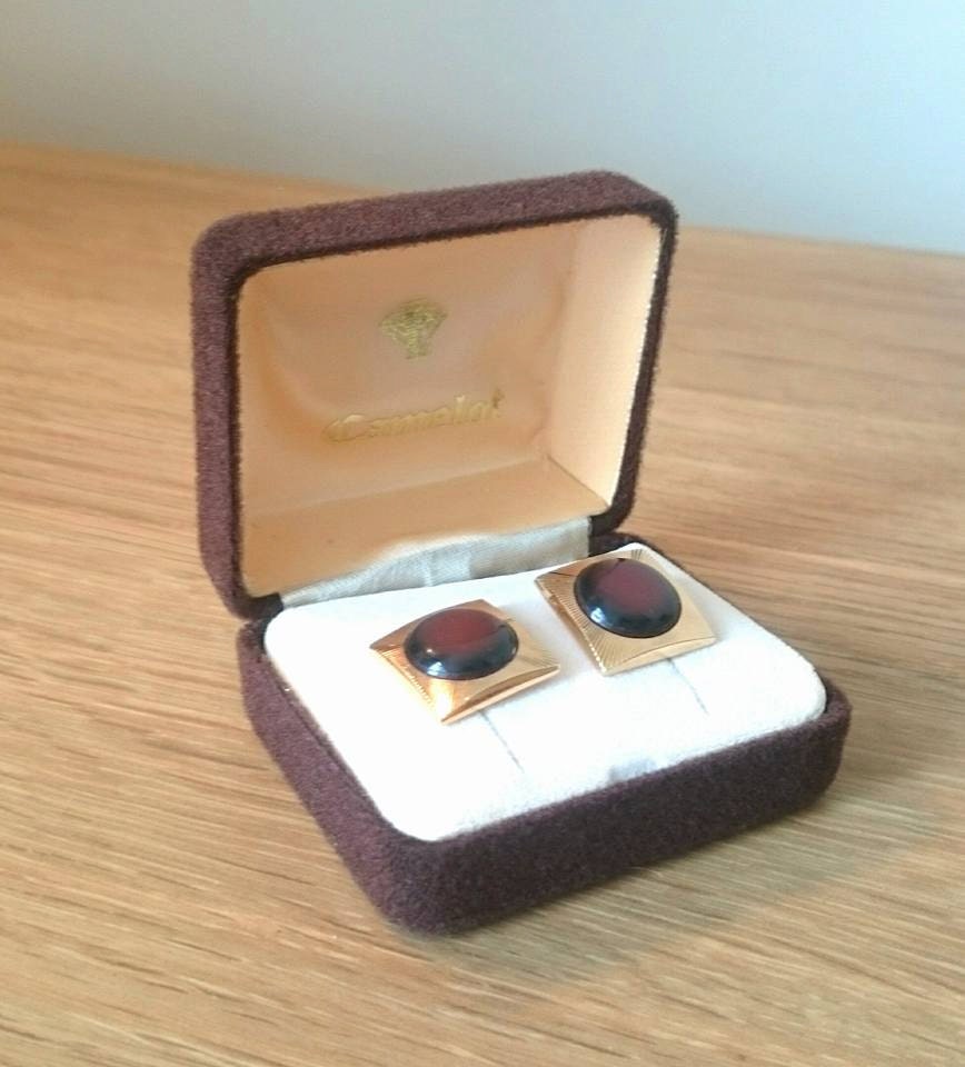 Vintage Gold Tone Cufflinks with Amber Enamel, 1970s - Boxed