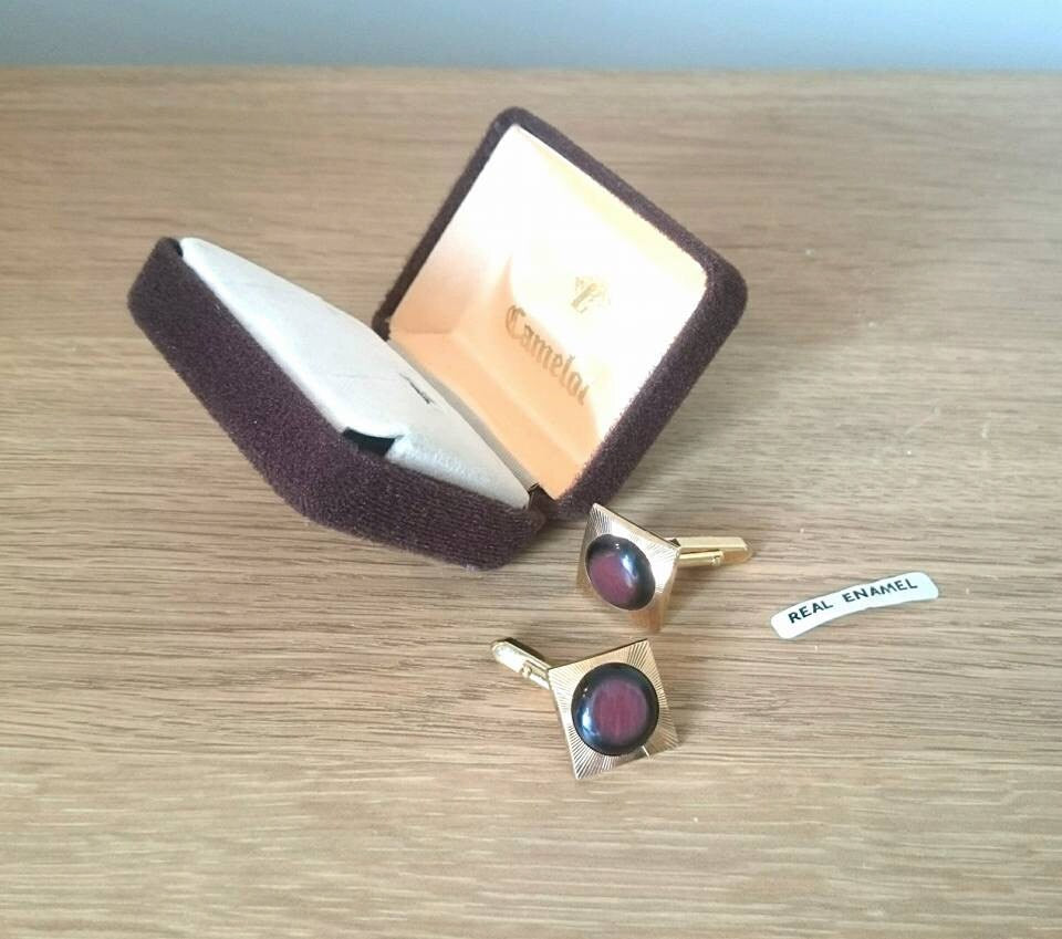 Vintage Gold Tone Cufflinks with Amber Enamel, 1970s - Boxed