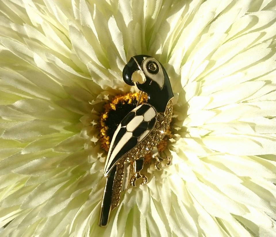 Vintage Enamel Parrot Brooch, Rhinestone Art Deco Bird Pin