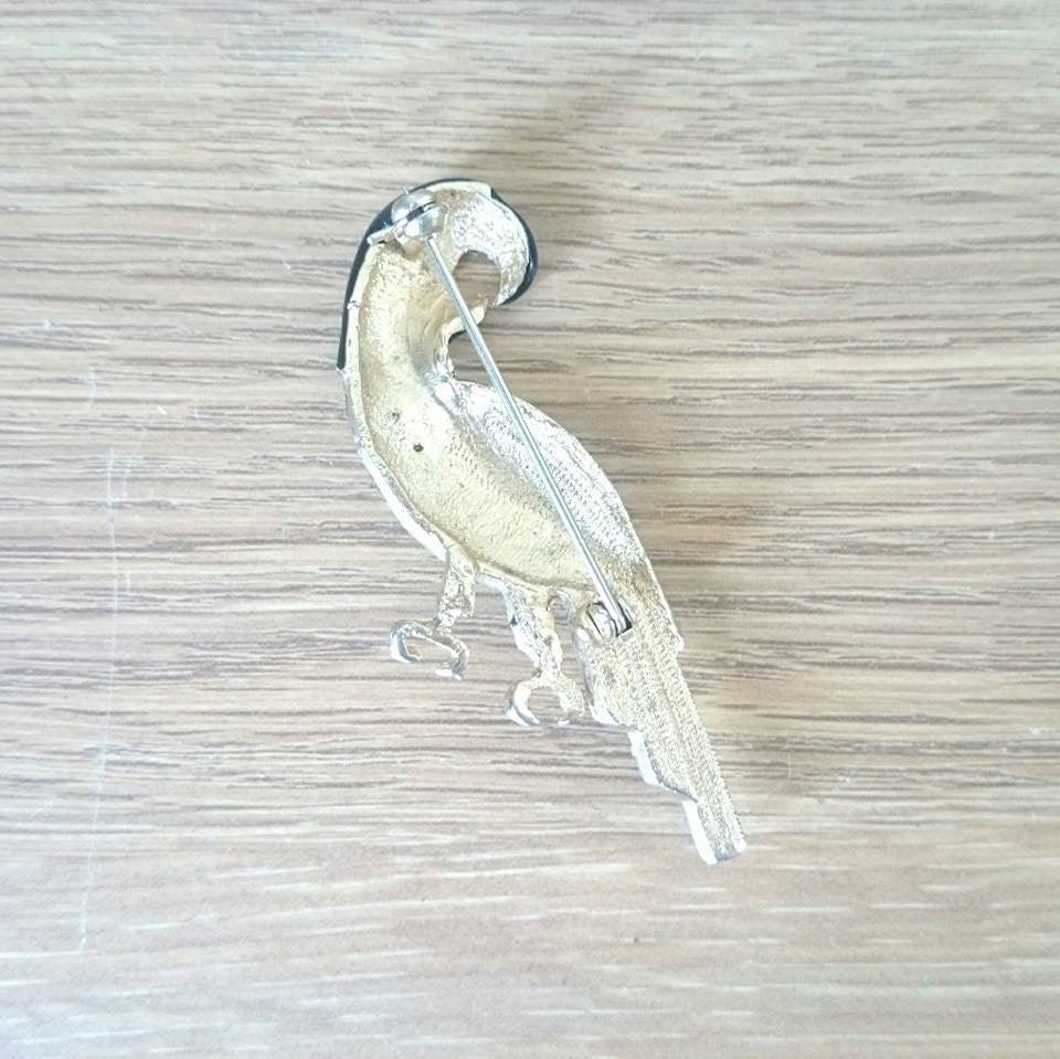 Vintage Enamel Parrot Brooch, Rhinestone Art Deco Bird Pin