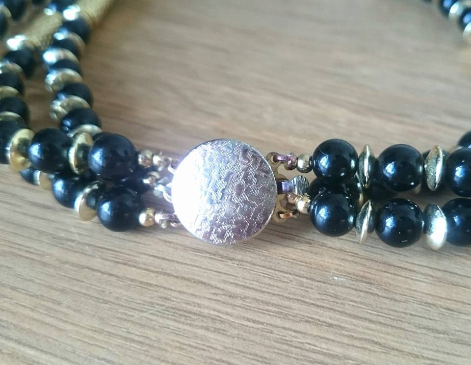 Vintage Gold & Black Bead Necklace, 1960s Retro Costume Jewellery