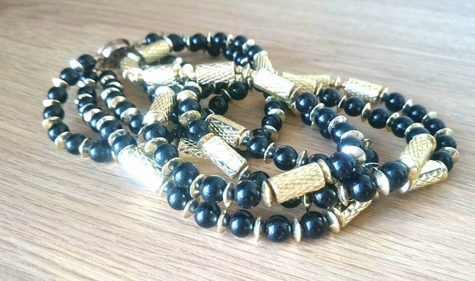 Vintage Gold & Black Bead Necklace, 1960s Retro Costume Jewellery
