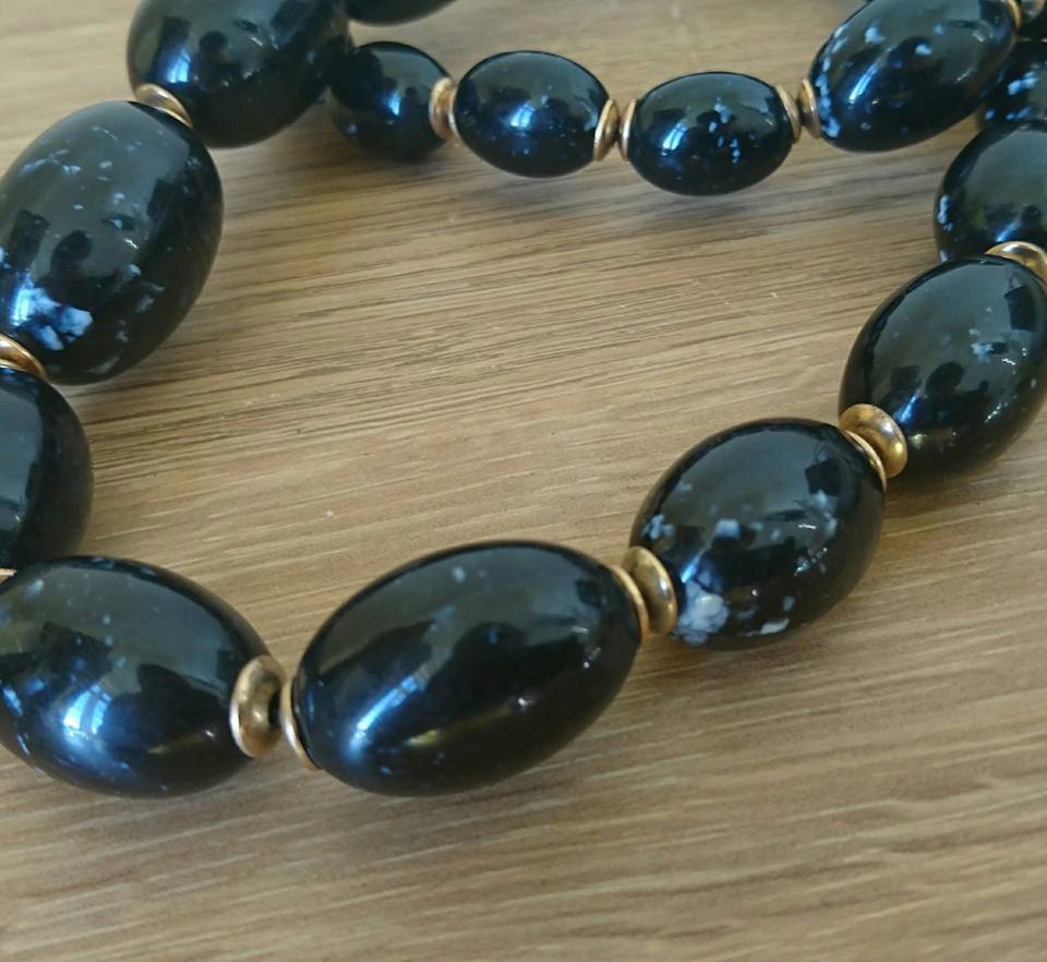 Vintage Black Bead Necklace, 60s/70s Chunky Costume Jewelry