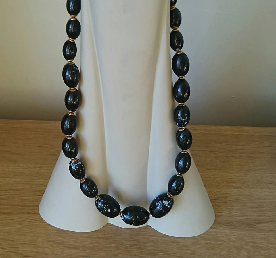 Vintage Black Bead Necklace, 60s/70s Chunky Costume Jewelry