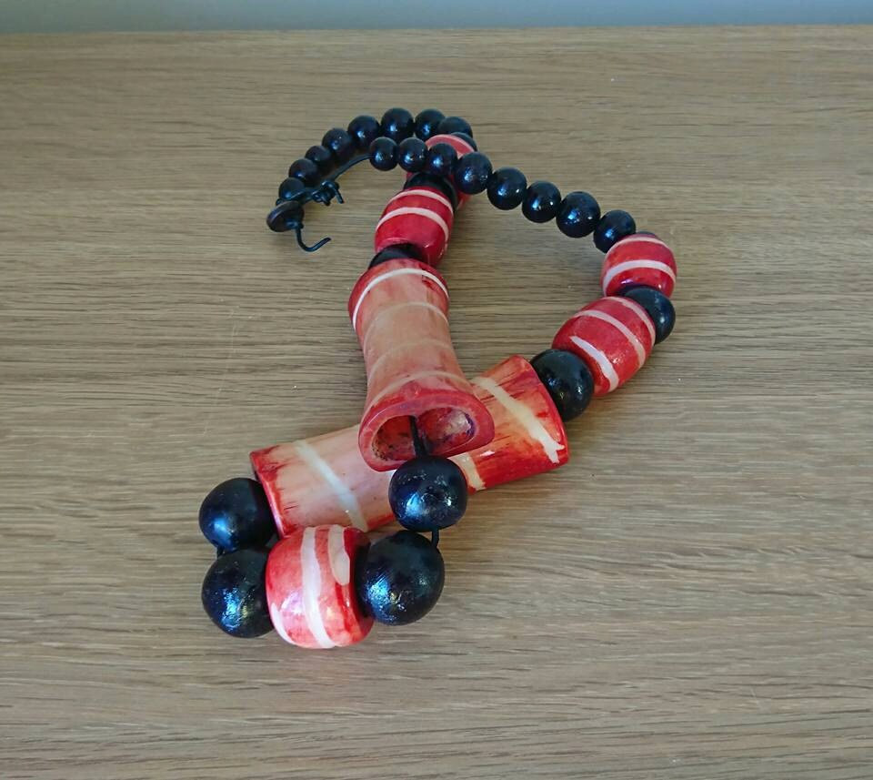 Vintage African Tribal Necklace, Red Bovine Bone & Wood