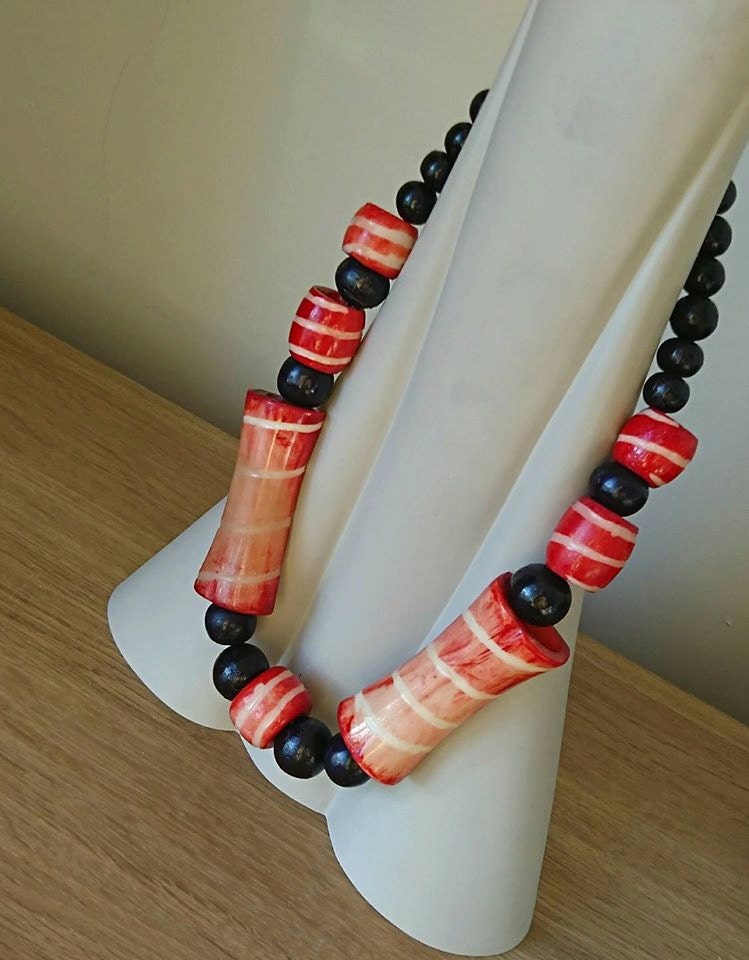 Vintage African Tribal Necklace, Red Bovine Bone & Wood