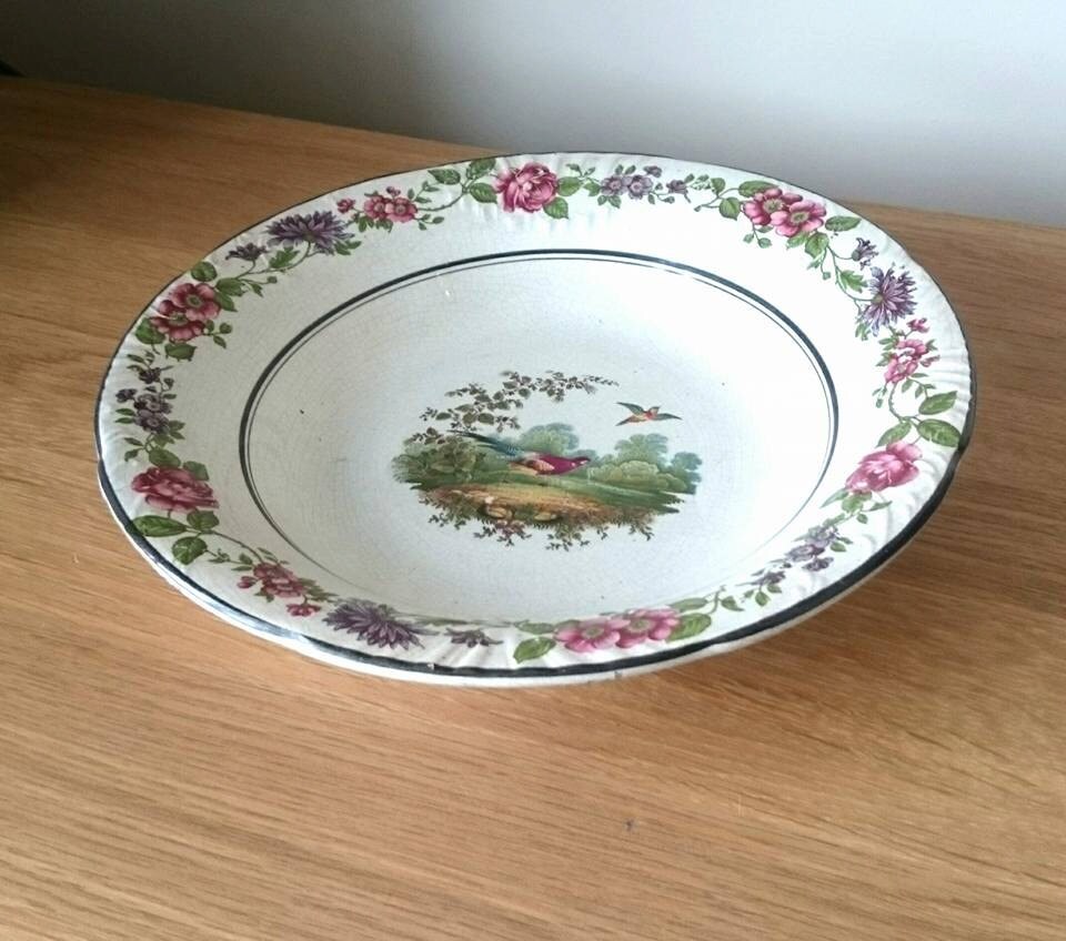 Vintage Victorian Pottery Bowl: Pheasant Hunting Scene, Floral Border