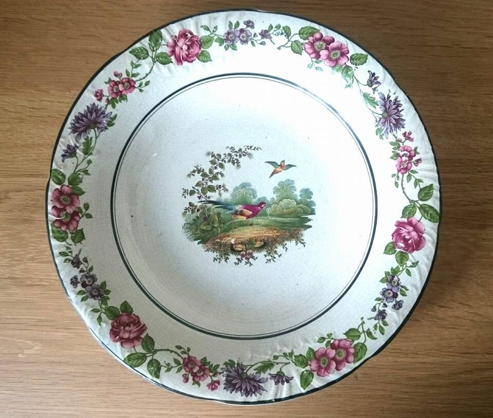 Vintage Victorian Pottery Bowl: Pheasant Hunting Scene, Floral Border