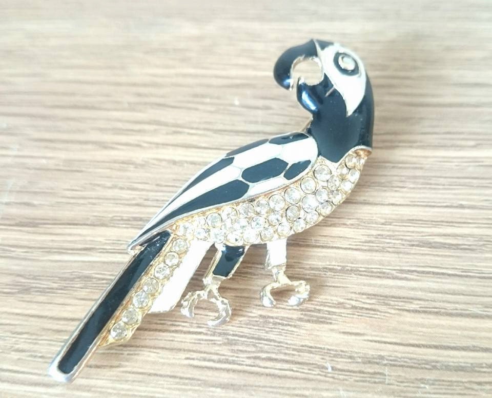 Vintage Enamel Parrot Brooch, Rhinestone Art Deco Bird Pin