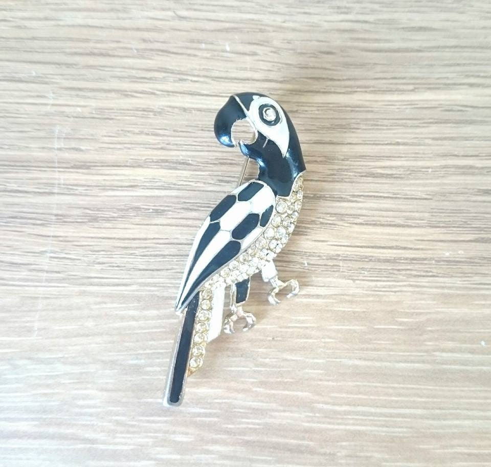 Vintage Enamel Parrot Brooch, Rhinestone Art Deco Bird Pin