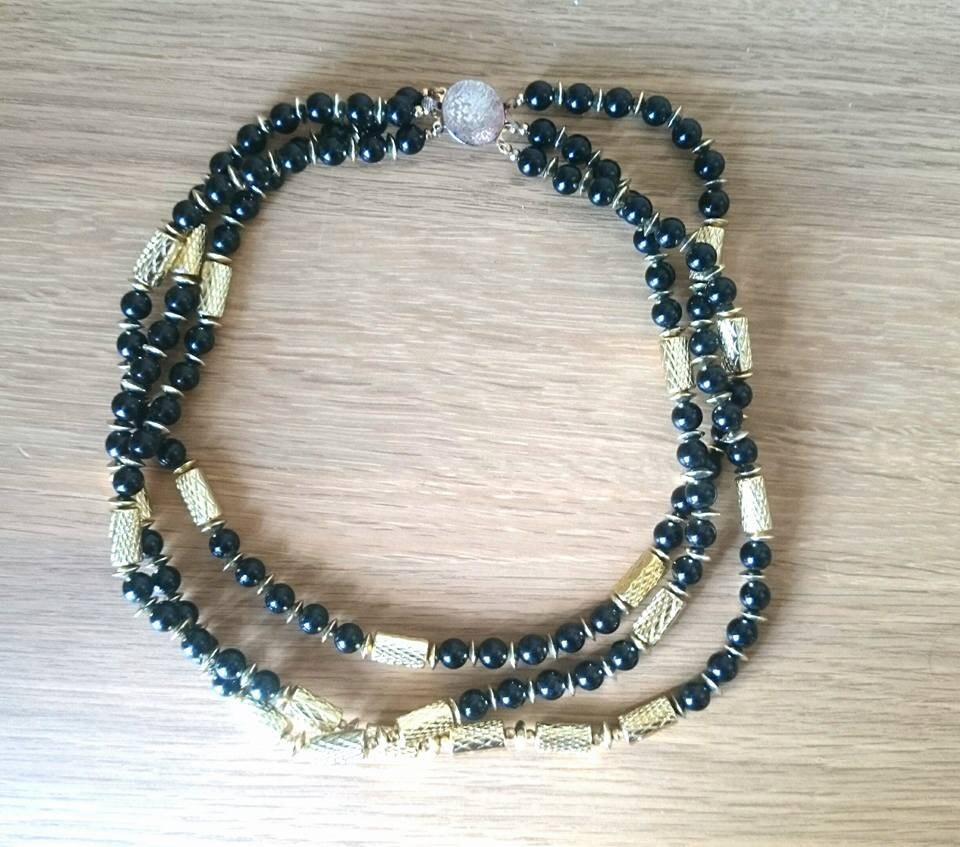 Vintage Gold & Black Bead Necklace, 1960s Retro Costume Jewellery
