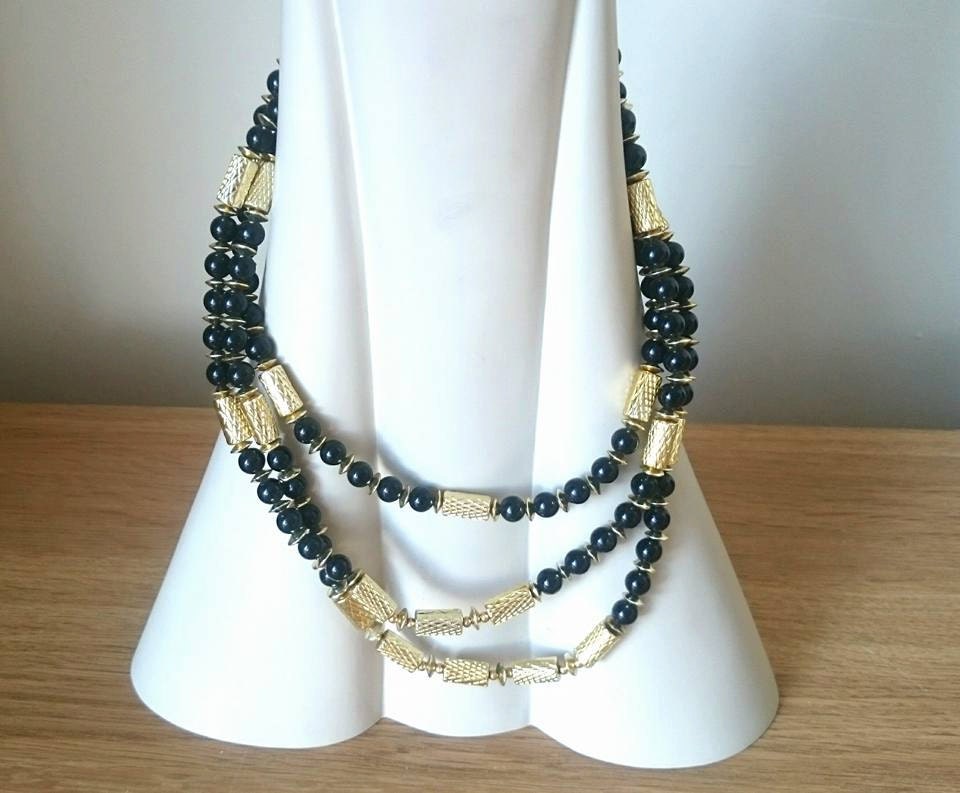 Vintage Gold & Black Bead Necklace, 1960s Retro Costume Jewellery