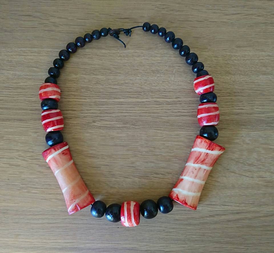Vintage African Tribal Necklace, Red Bovine Bone & Wood