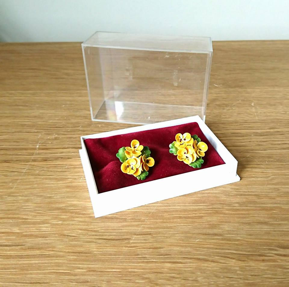 Vintage Earrings Clip On Floral Yellow Porcelain Bone China Boxed 1960's Yellow Pansy Earring