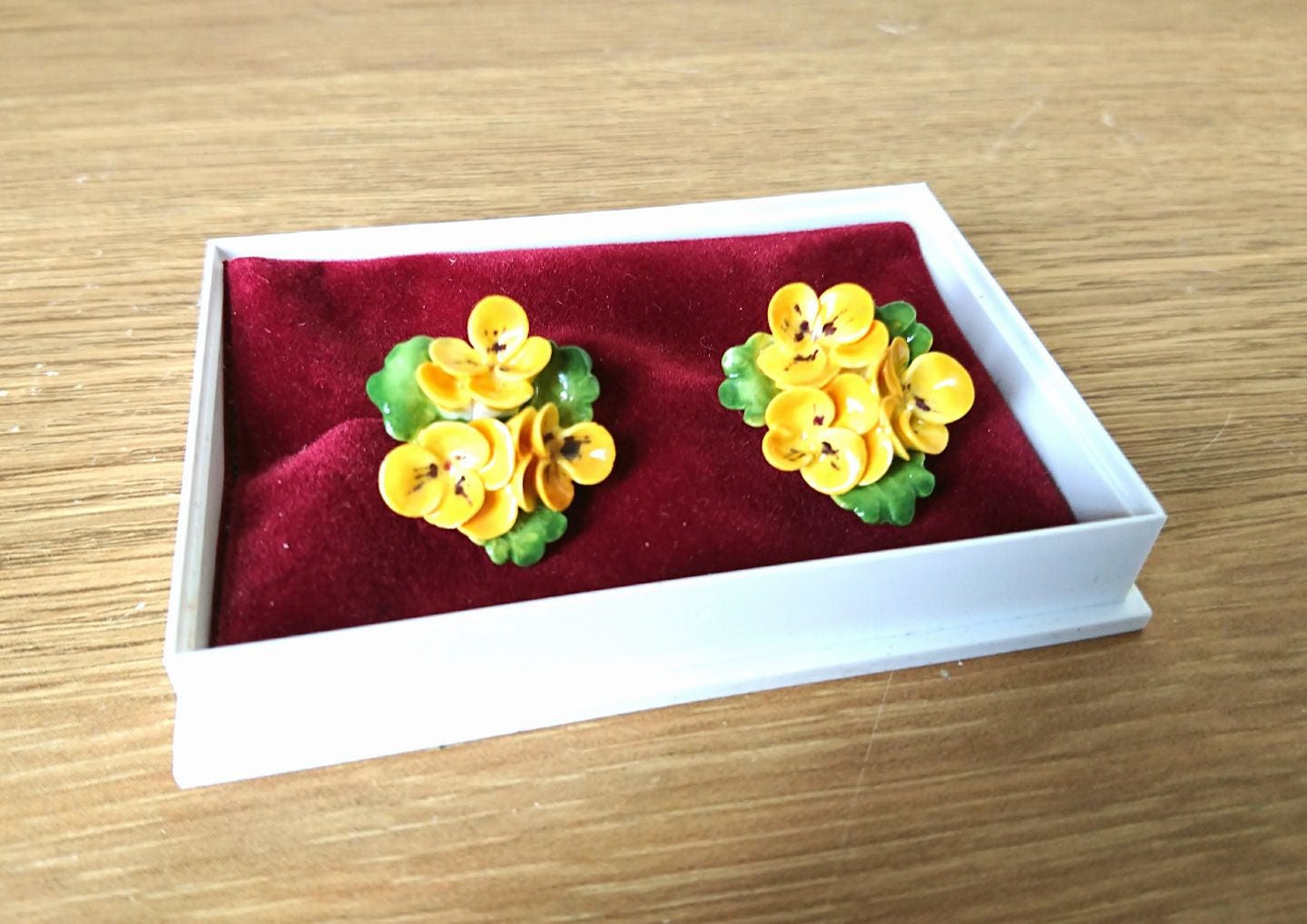 Vintage Earrings Clip On Floral Yellow Porcelain Bone China Boxed 1960's Yellow Pansy Earring
