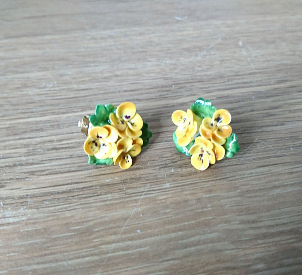 Vintage Earrings Clip On Floral Yellow Porcelain Bone China Boxed 1960's Yellow Pansy Earring