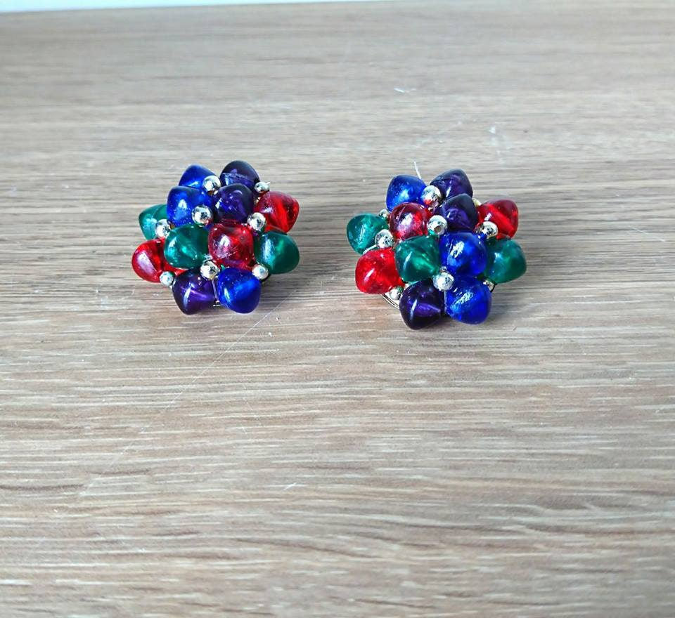 Vintage Floral Beaded Clip On Earrings, Chunky Red Blue Green Cluster