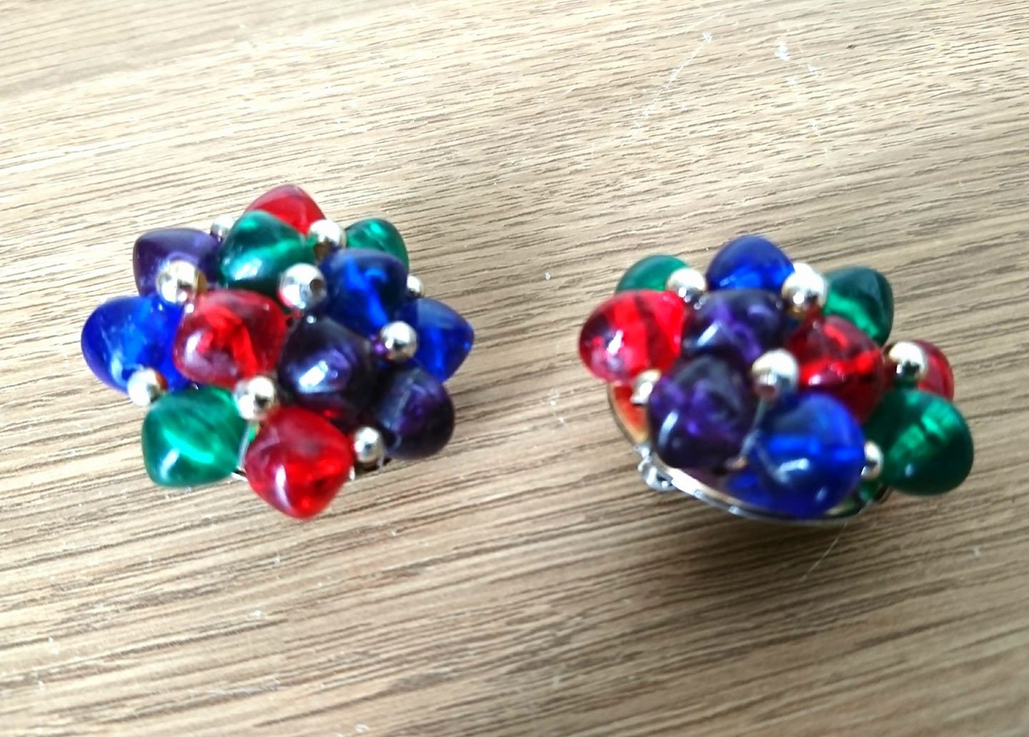 Vintage Floral Beaded Clip On Earrings, Chunky Red Blue Green Cluster