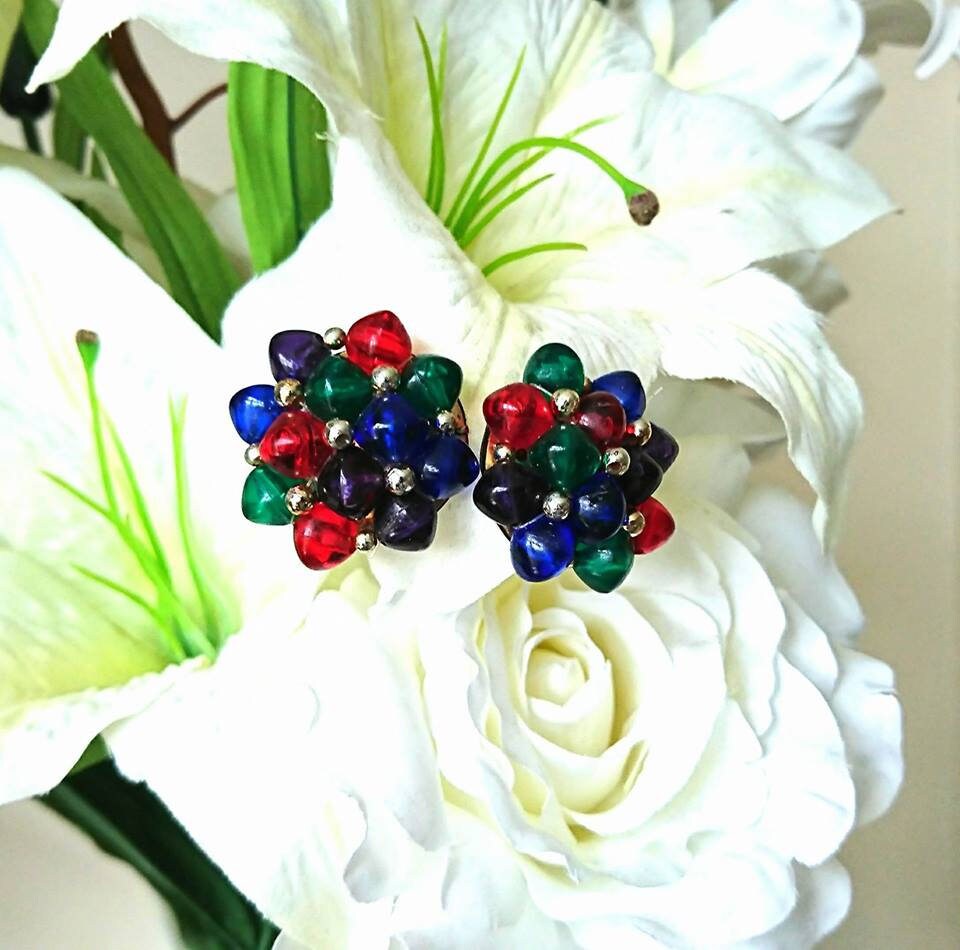 Vintage Floral Beaded Clip On Earrings, Chunky Red Blue Green Cluster