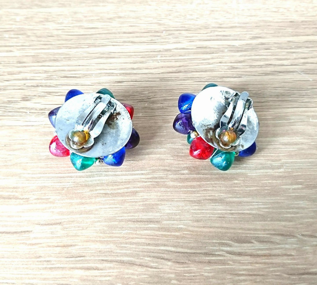 Vintage Floral Beaded Clip On Earrings, Chunky Red Blue Green Cluster
