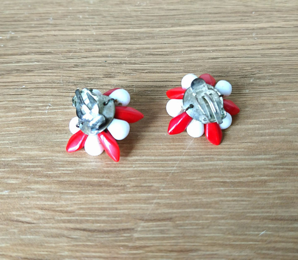 Vintage Earrings Clip On White and Red Flower Star Shaped Enamel Earrings Costume Jewelry