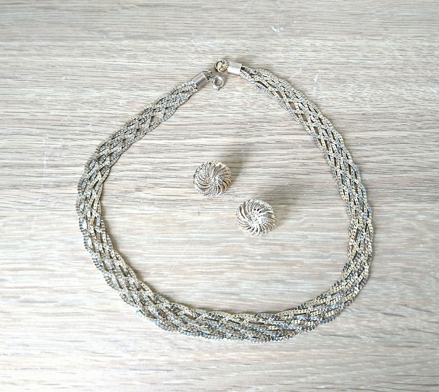 Vintage 1970s Gold Chain Necklace & Button Earrings Set, Johns Jewel Box