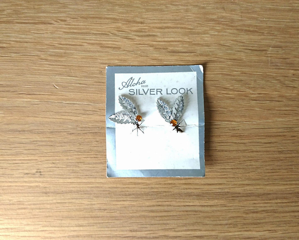 Vintage Earrings Clip On Silver Leaf Faux Orange Topaz Rhinestone Jewellery jewelry