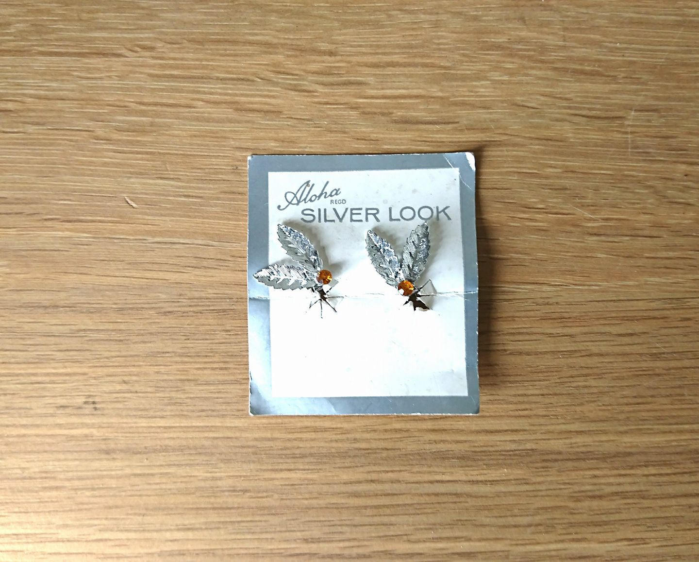 Vintage Earrings Clip On Silver Leaf Faux Orange Topaz Rhinestone Jewellery jewelry