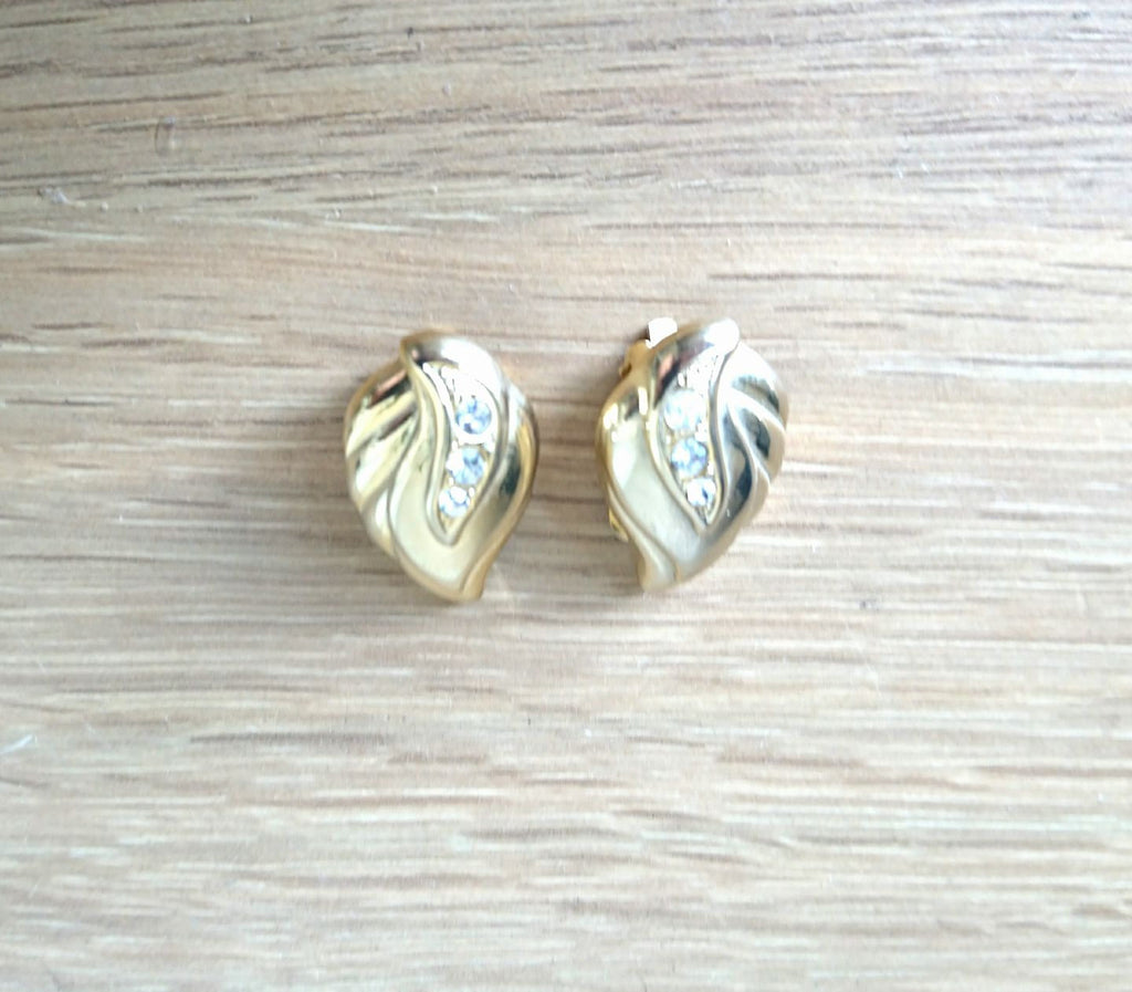 Vintage Buckingham Gold Leaf Clip On Earrings, Faux Rhinestone Detail