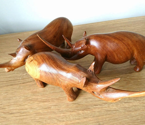 Hand Carved Teak Rhino Figurines, African Home Decor Set x3