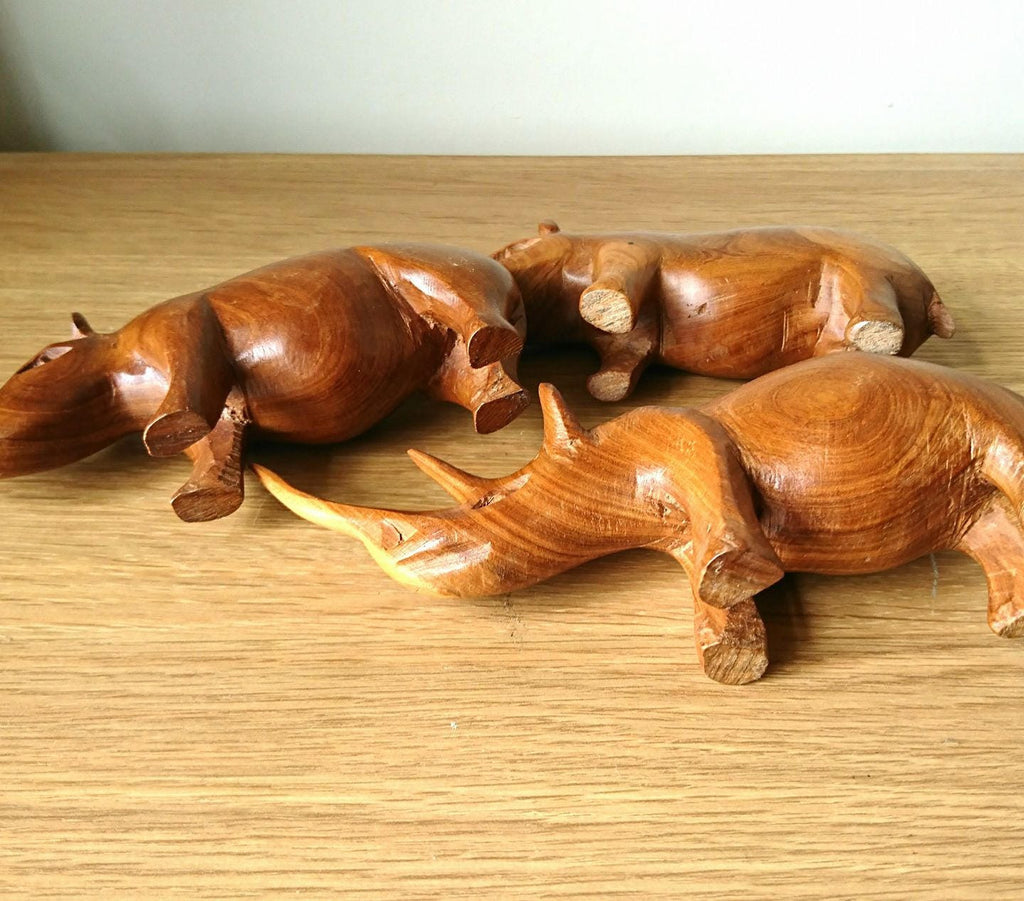Hand Carved Teak Rhino Figurines, African Home Decor Set x3