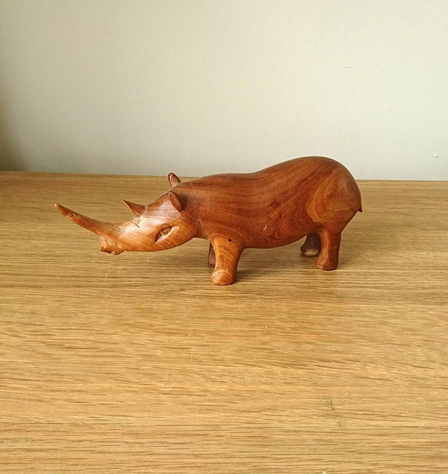 Hand Carved Teak Rhino Figurines, African Home Decor Set x3