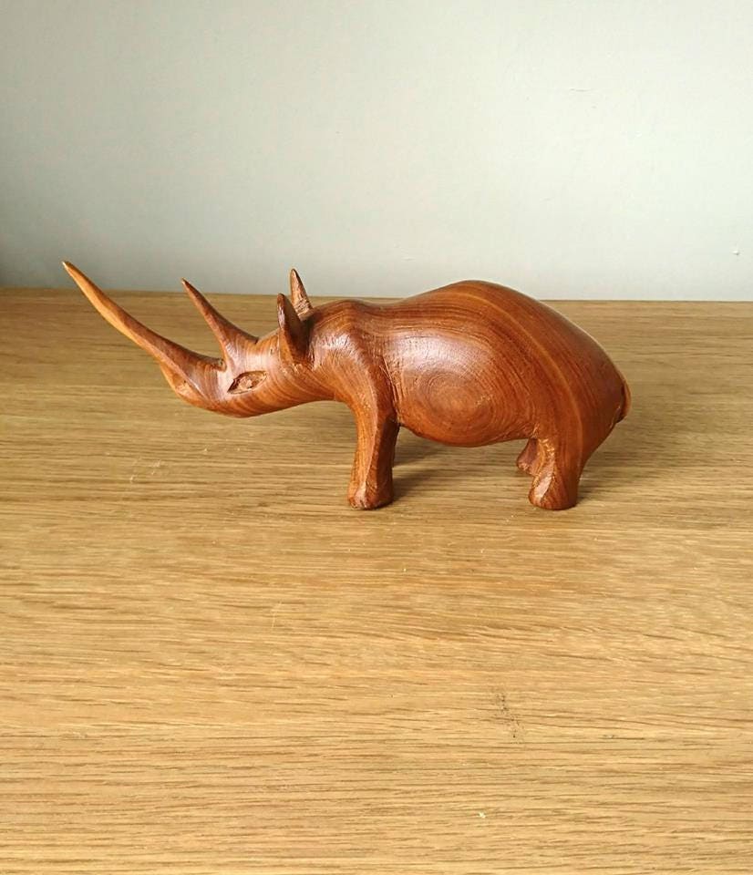 Hand Carved Teak Rhino Figurines, African Home Decor Set x3