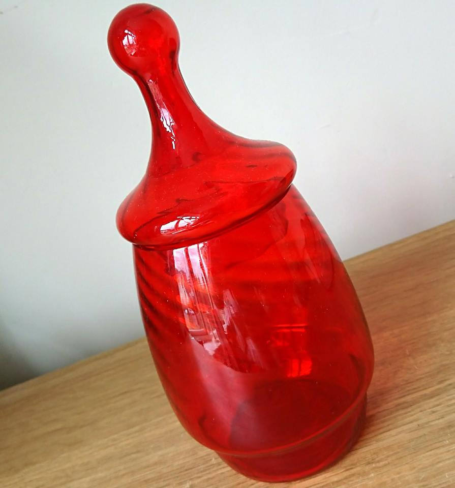 Vintage Jar Red Glass Jar Candy/Sweet Jar Cookie Jar Art Glass Retro Jar Container Kitsch Murano Style