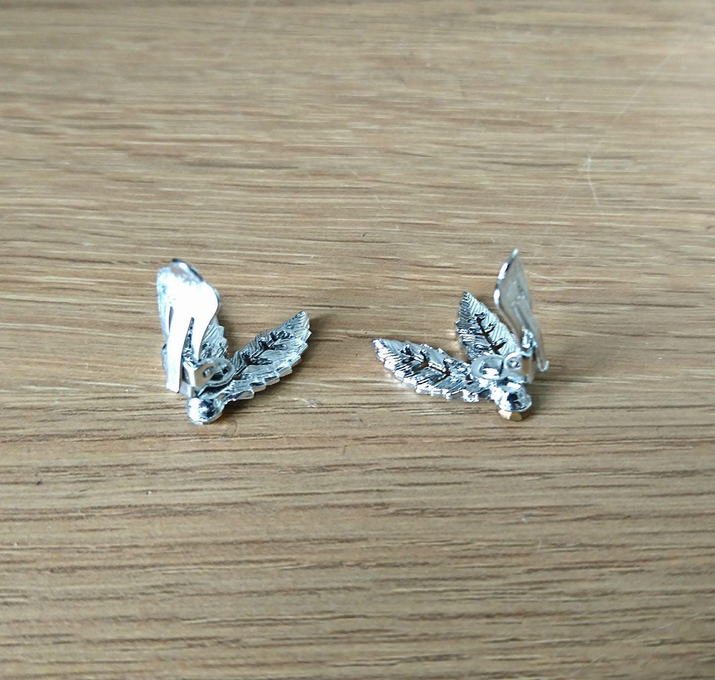 Vintage Earrings Clip On Silver Leaf Faux Orange Topaz Rhinestone Jewellery jewelry