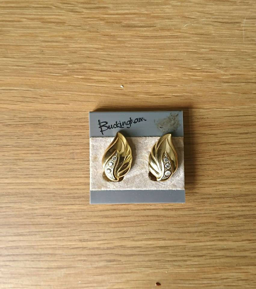 Vintage Buckingham Gold Leaf Clip On Earrings, Faux Rhinestone Detail