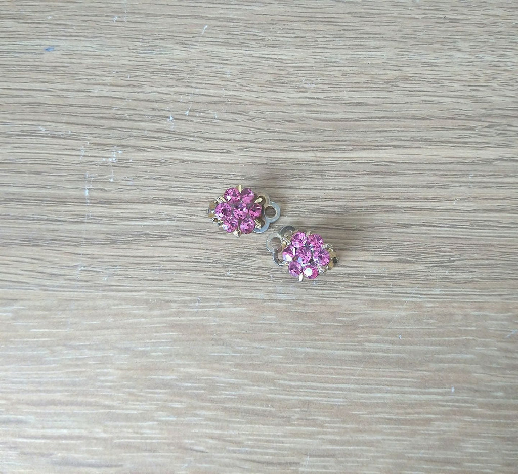 Vintage Floral Clip On Earrings, Pink Rhinestone Costume Jewelry