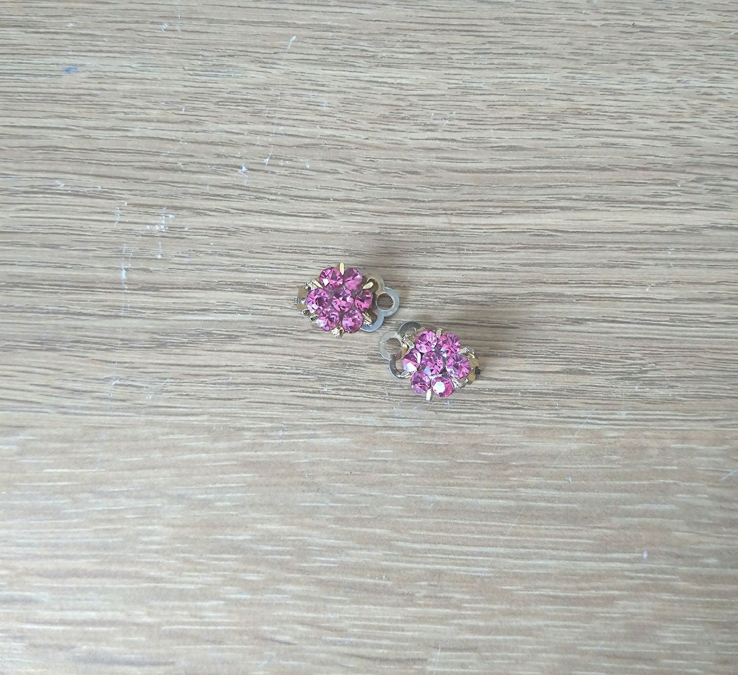 Vintage Floral Clip On Earrings, Pink Rhinestone Costume Jewelry