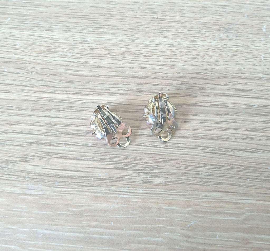 Vintage Floral Clip On Earrings, Pink Rhinestone Costume Jewelry
